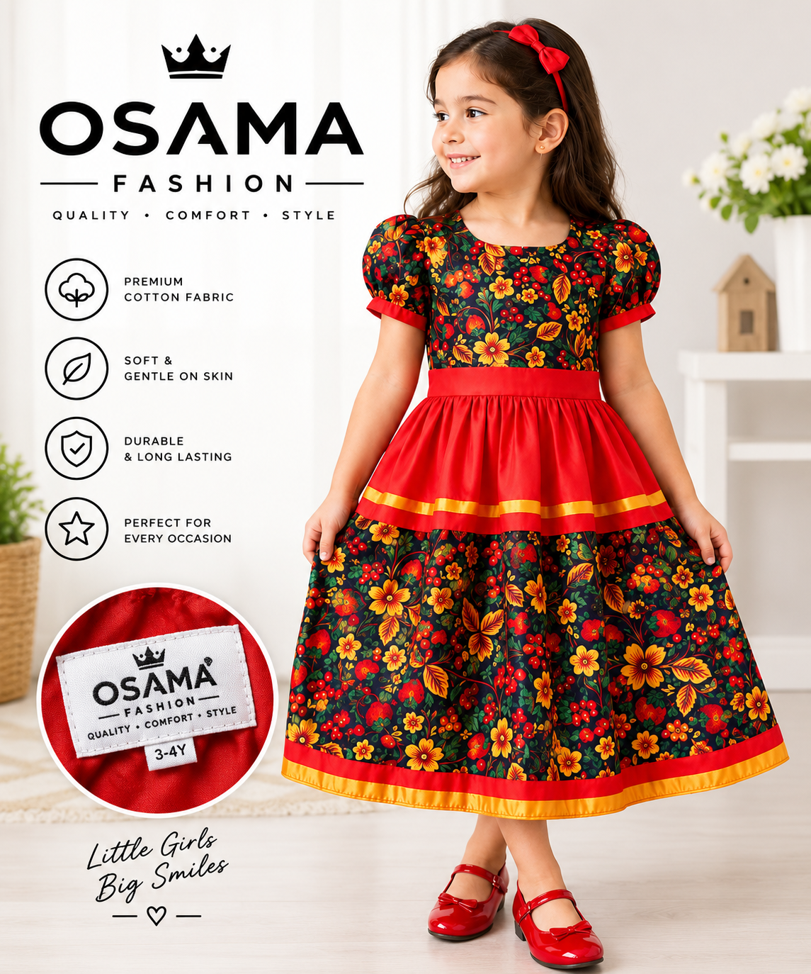 Red Floral Print Girls’ Party Dress - Image 5