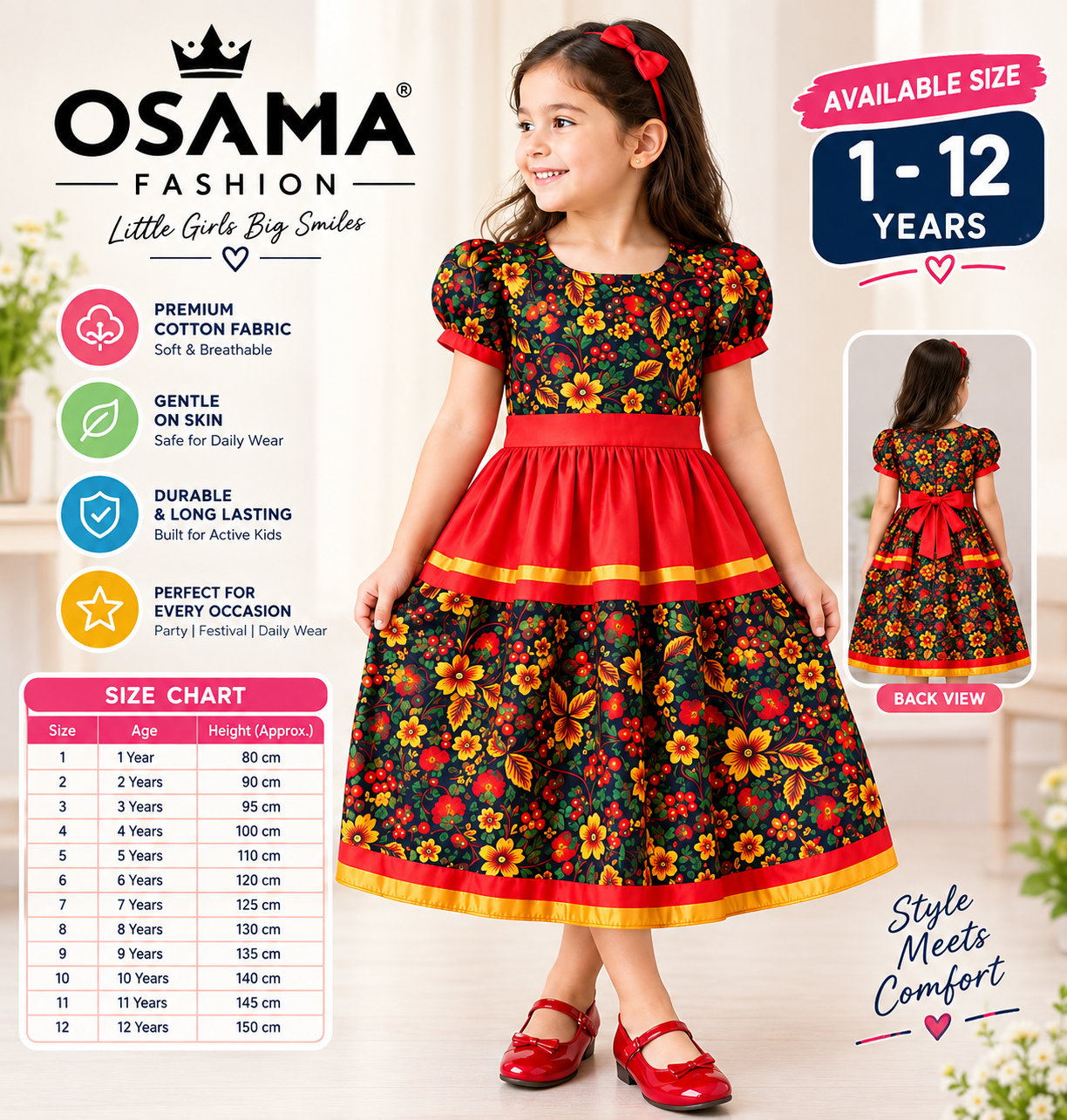 Red Floral Print Girls’ Party Dress - Image 4