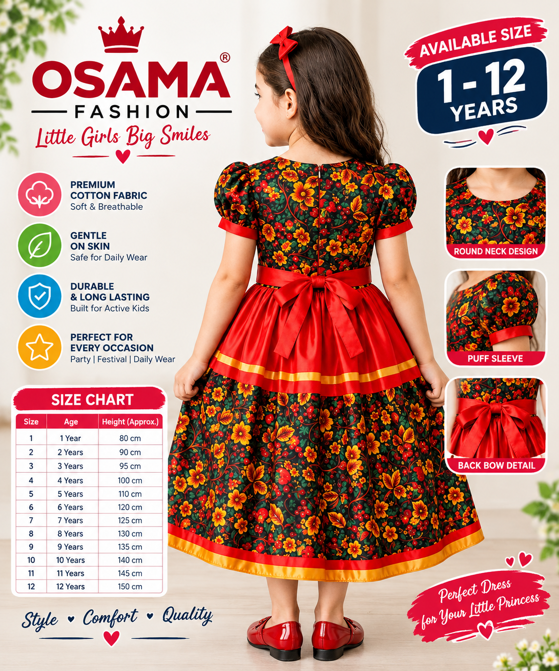 Red Floral Print Girls’ Party Dress - Image 2