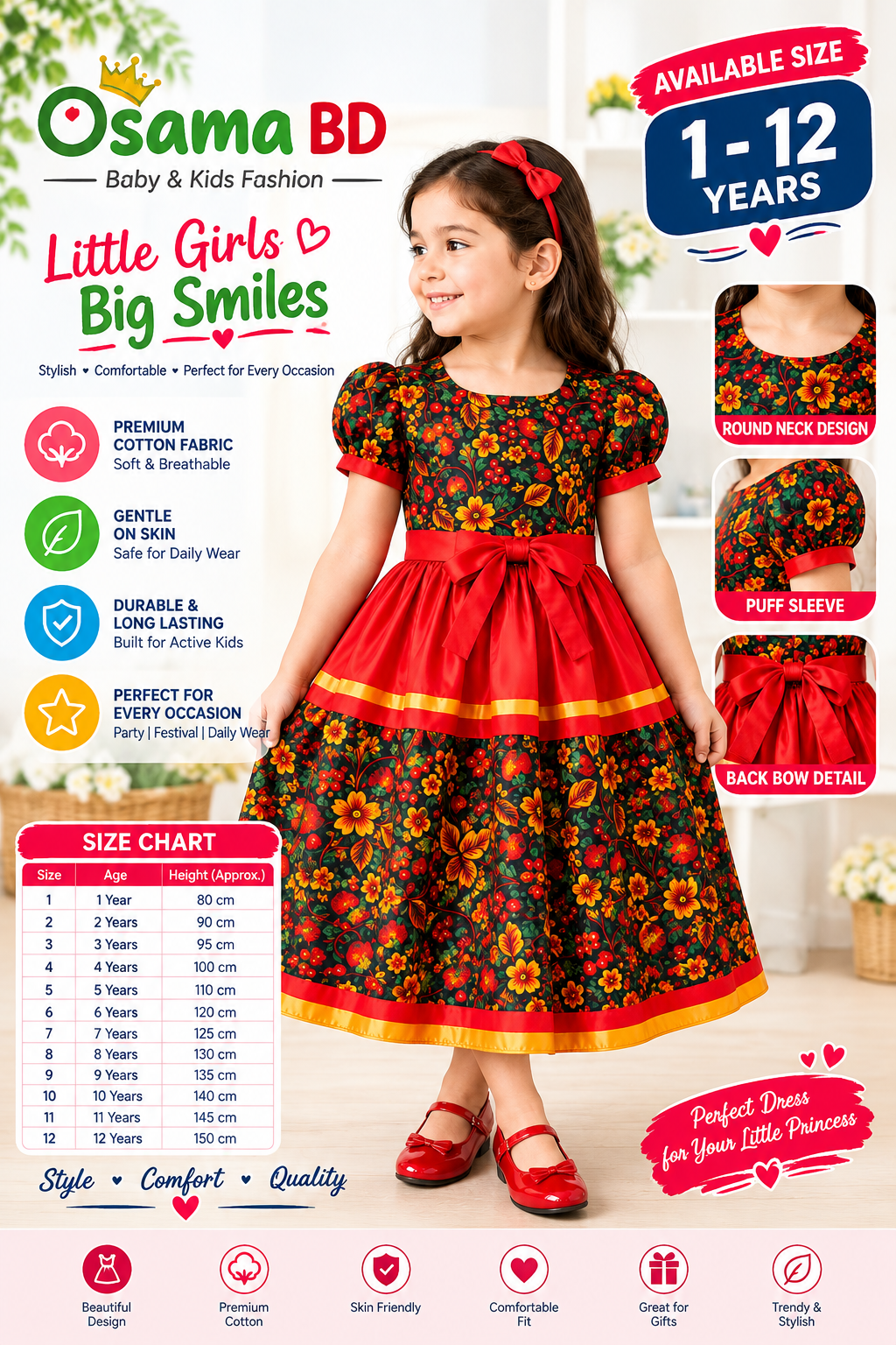 Red Floral Print Girls’ Party Dress - Image 3